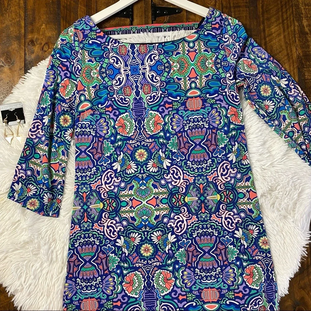 Laundry by Shelli Segal blue spring print flare sleeve shift dress size XS